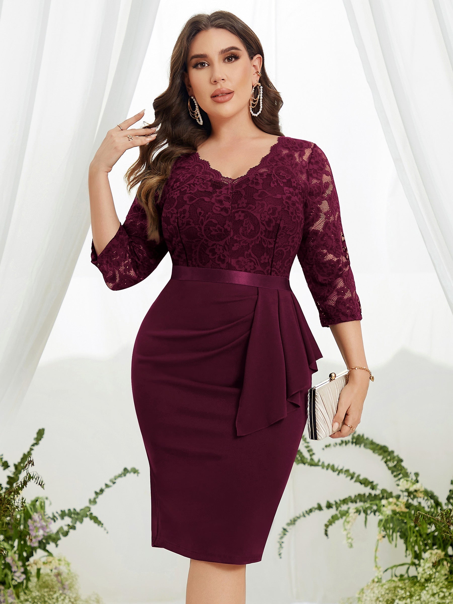  Lace Sleeve V-Neck Ruffle Trim Midi Dress