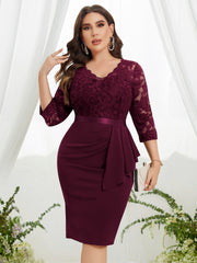  Lace Sleeve V-Neck Ruffle Trim Midi Dress