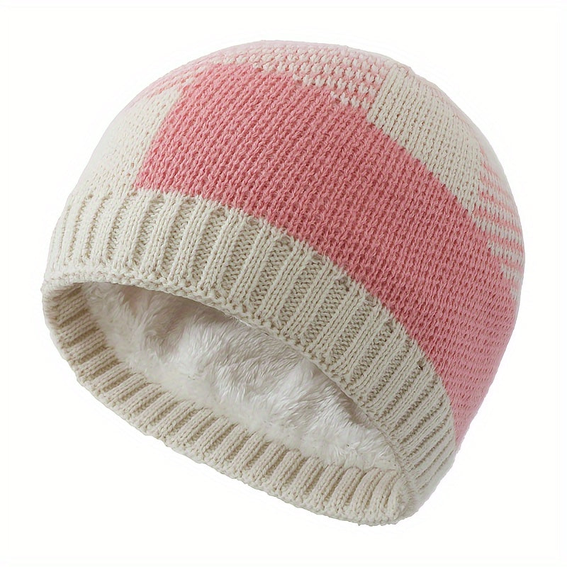 Winter Fleece Lining Plaid Knitted Beanie Hat for Men & Women