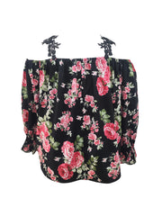  Floral Print Cold Shoulder Flounce Sleeve Top