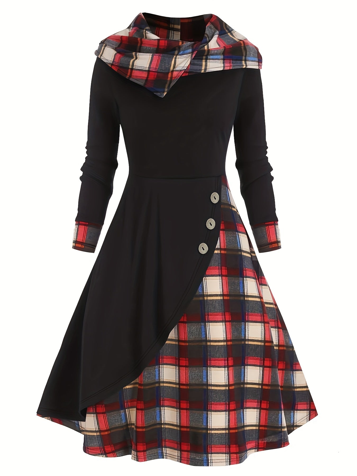  Colorblock Plaid Print Button Hooded Dress