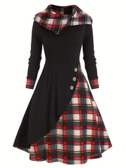  Colorblock Plaid Print Button Hooded Dress