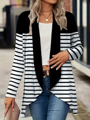 Colorblock Stripe Print Long Sleeve Open Front Cardigan