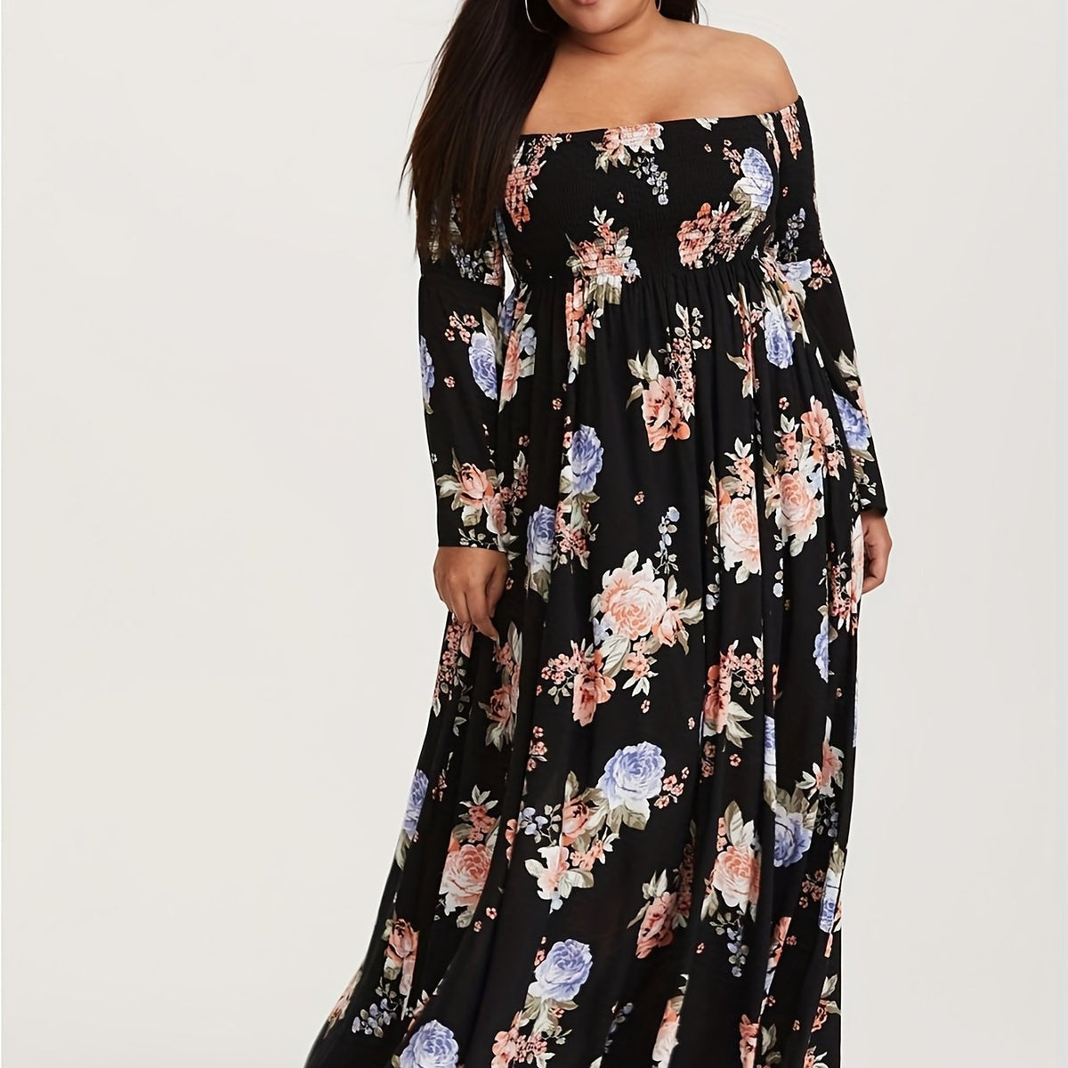  Floral Print Off Shoulder Maxi Dress