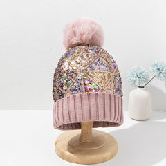 Sequin Pompom Beanie Warm Plush Knit Hat Soft & Comfortable Elastic Hats