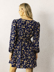  Ditsy Floral Print Lantern Sleeve Mini Dress
