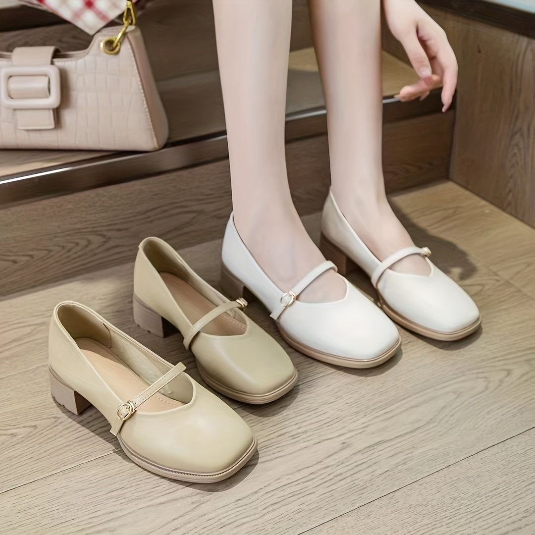 Chunky Heels Square Toe Pumps Buckle Strap Dress Heels