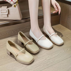 Chunky Heels Square Toe Pumps Buckle Strap Dress Heels