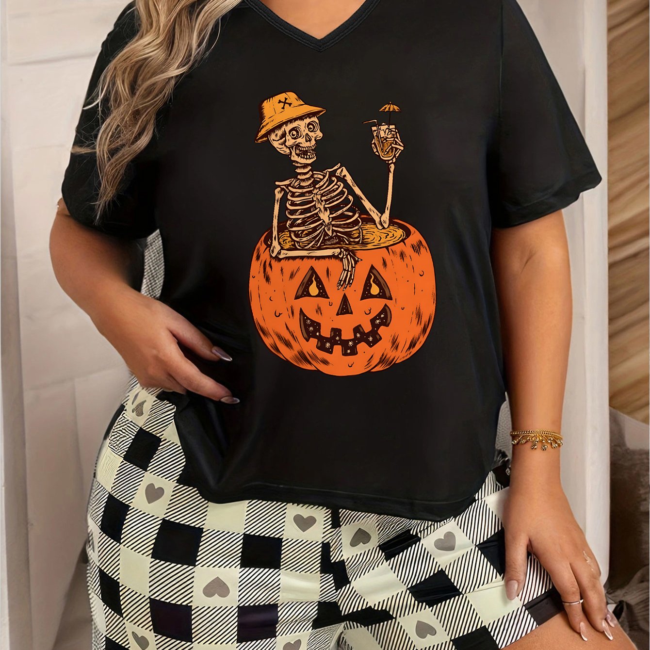  Halloween Loungewear Top Women's  Short Sleeve V Neck Pajama