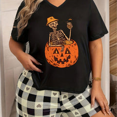  Halloween Loungewear Top Women's  Short Sleeve V Neck Pajama