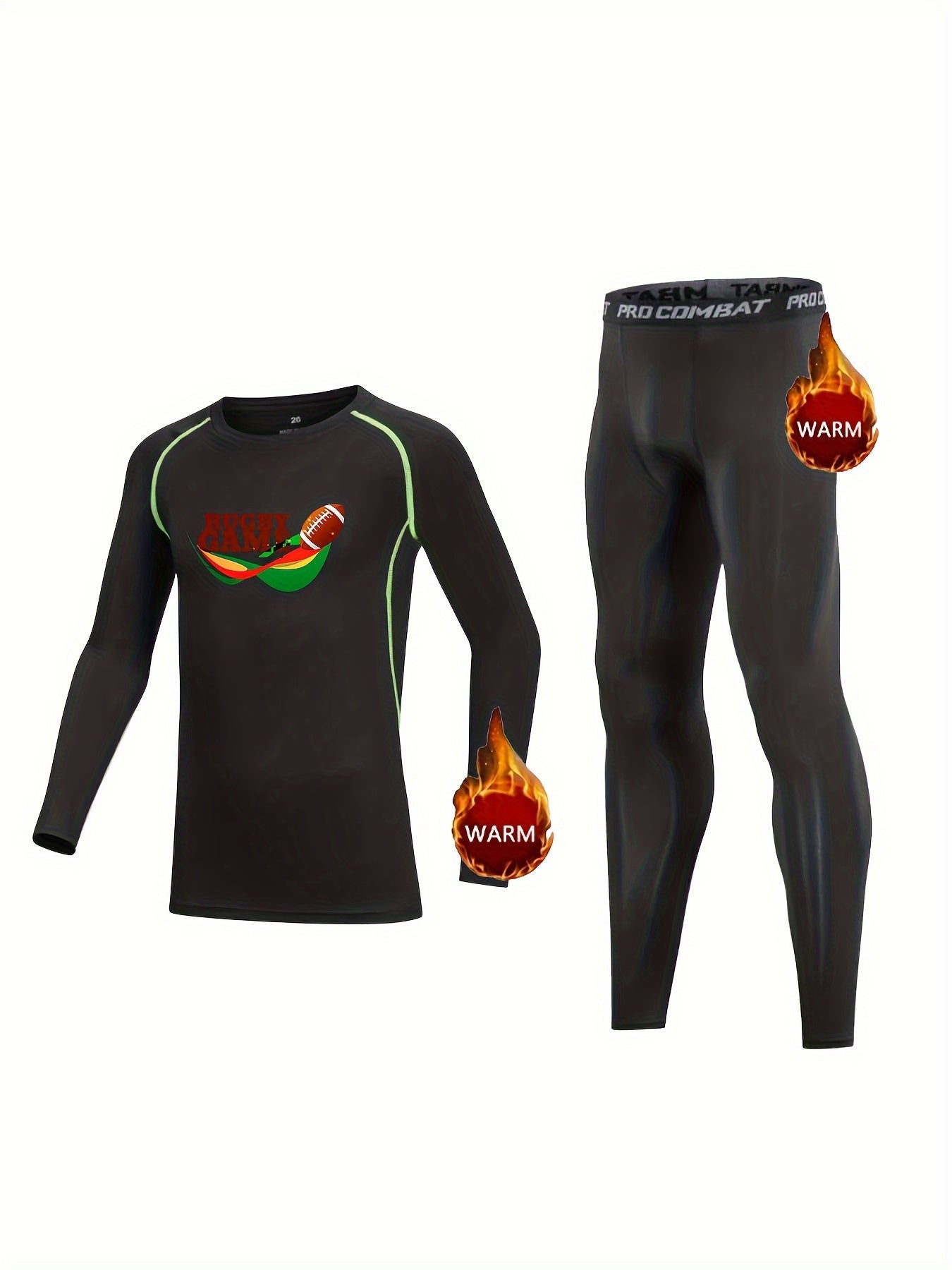 Kids Compression Fleece Set Cartoon Football Pattern Crew Neck Pullover & Pants
