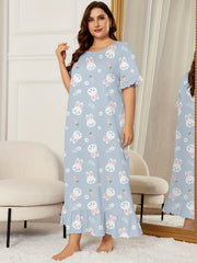  Nightdress Women's Plus Rabbit Print Ruffle Maxi Sleep Dress