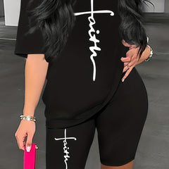 Faith Letter Print Two Piece Set Crew Neck Tee & Slim Shorts