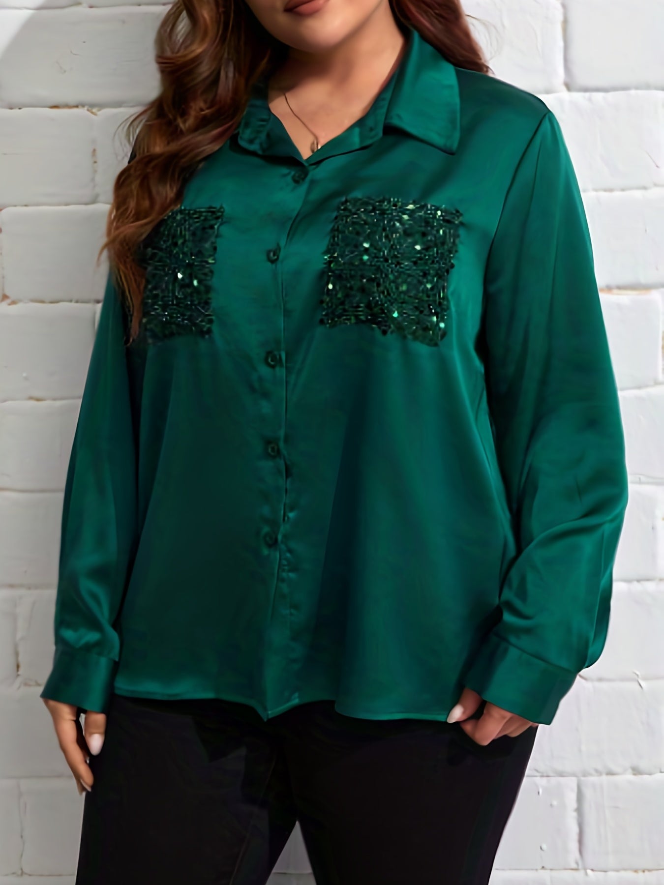  Sequin Satin Button Up Blouse