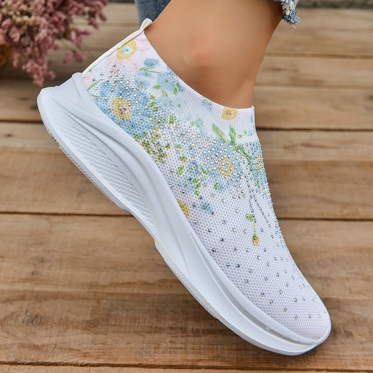 Women's Rhinestone Floral Print Slip-On Sneakers