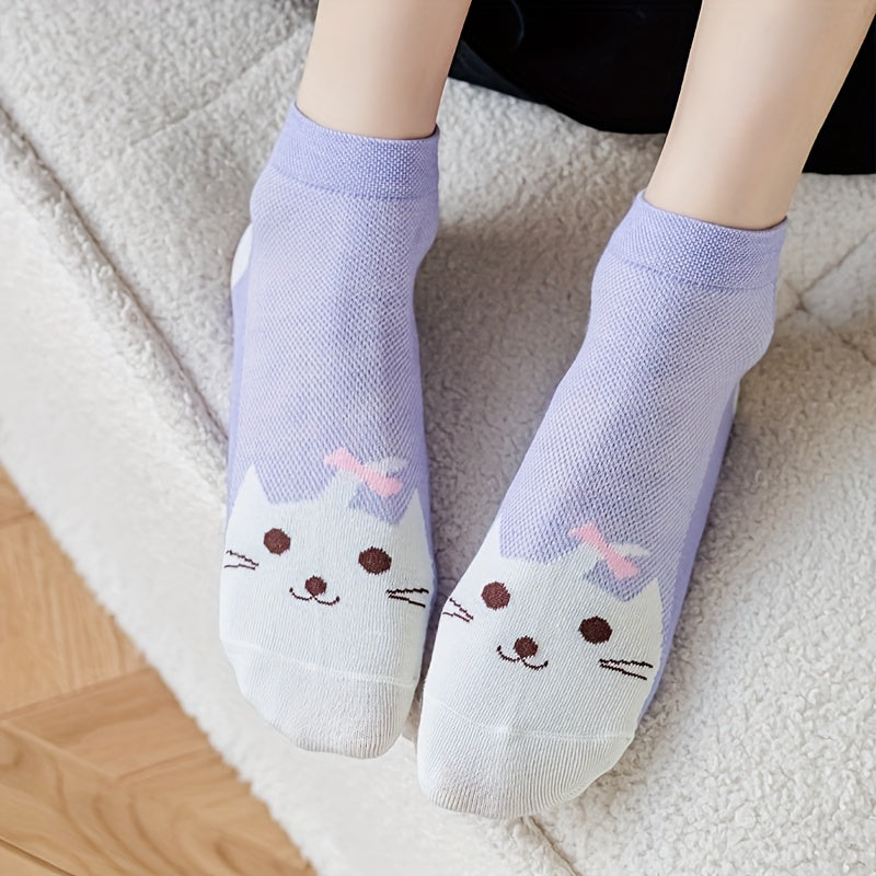 Cute Cartoon Cat Print Crew Socks for Women