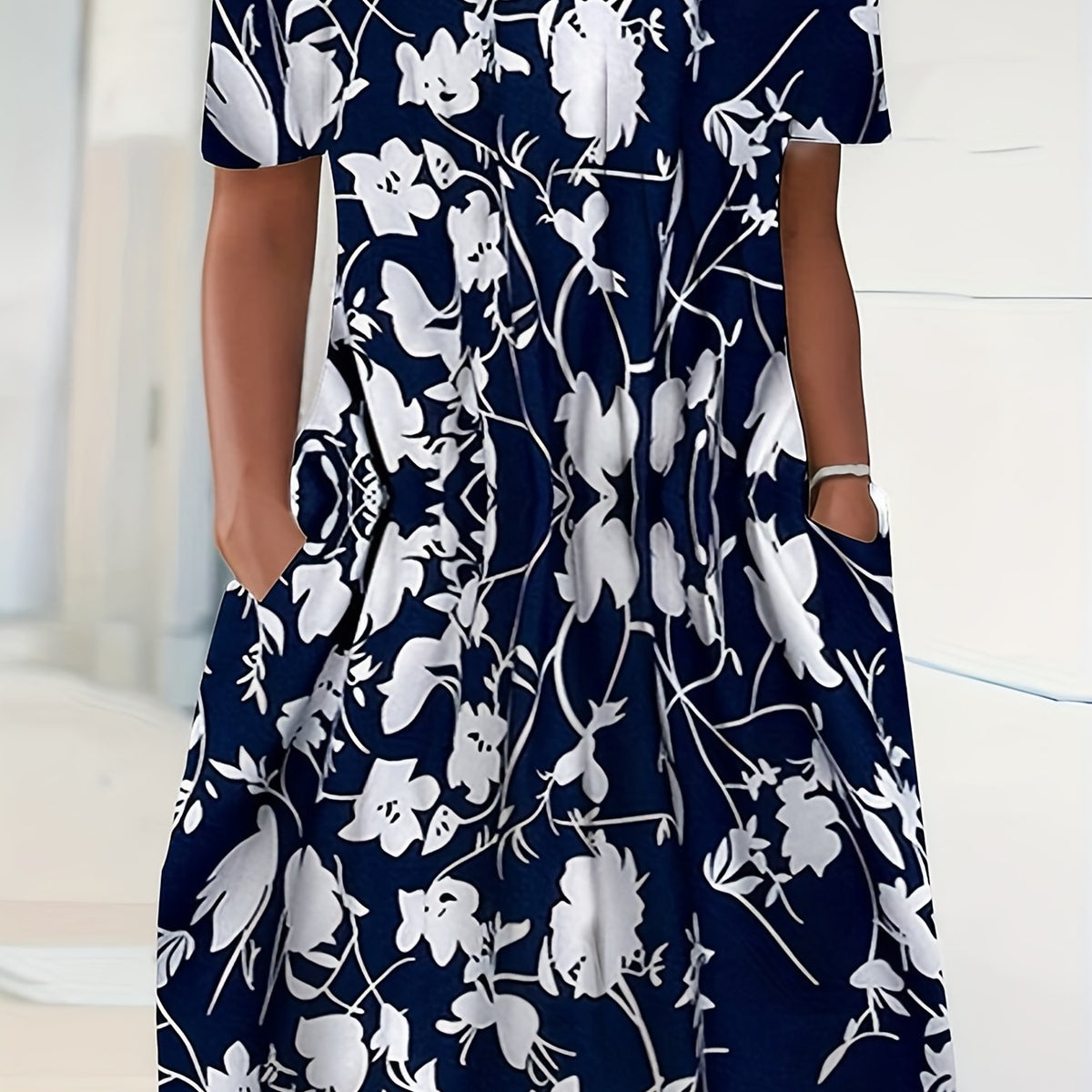  Floral Print Pleated Short Sleeve Midi Dress with Pockets