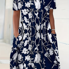  Floral Print Pleated Short Sleeve Midi Dress with Pockets