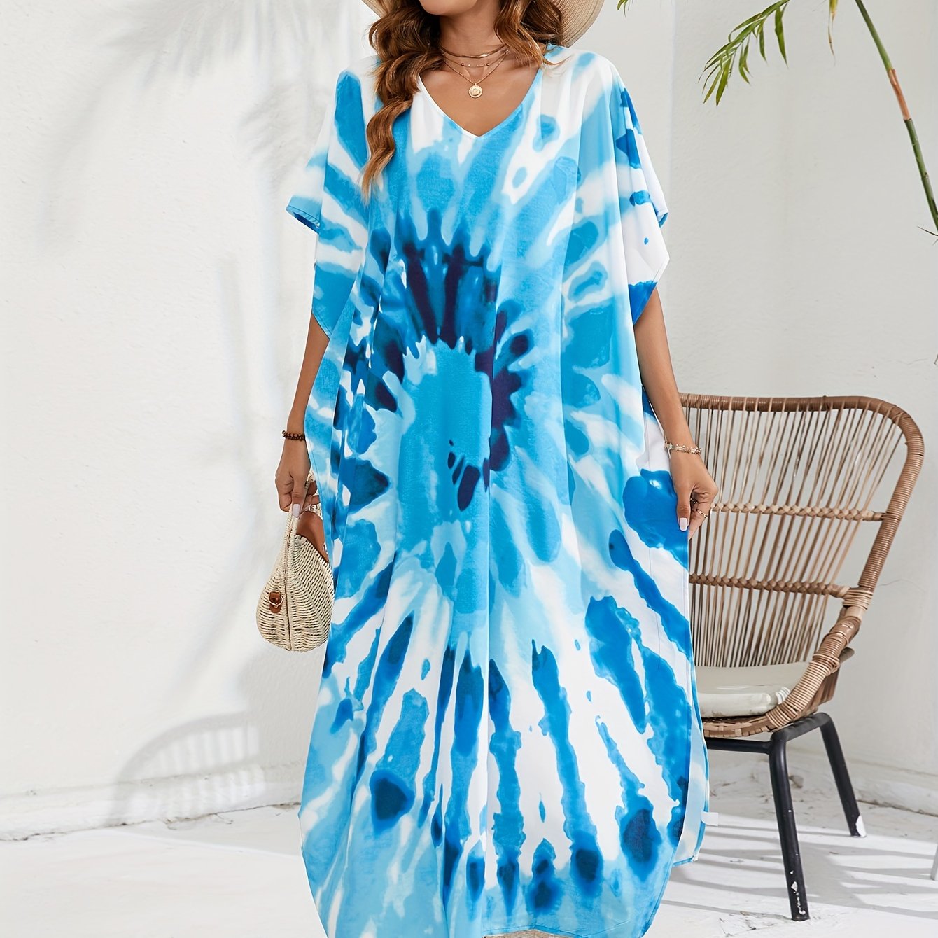  Boho Tie Dye Print Batwing Sleeve Maxi Cover Up Dress