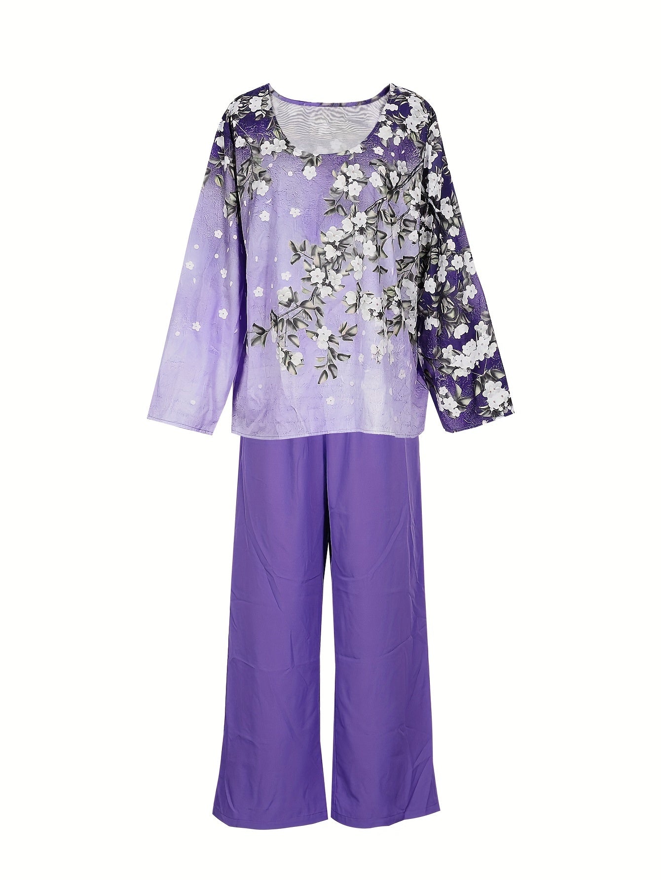 Women's Plus Floral Print Long Sleeve Round Neck Top & Loose Pants Outfit Set