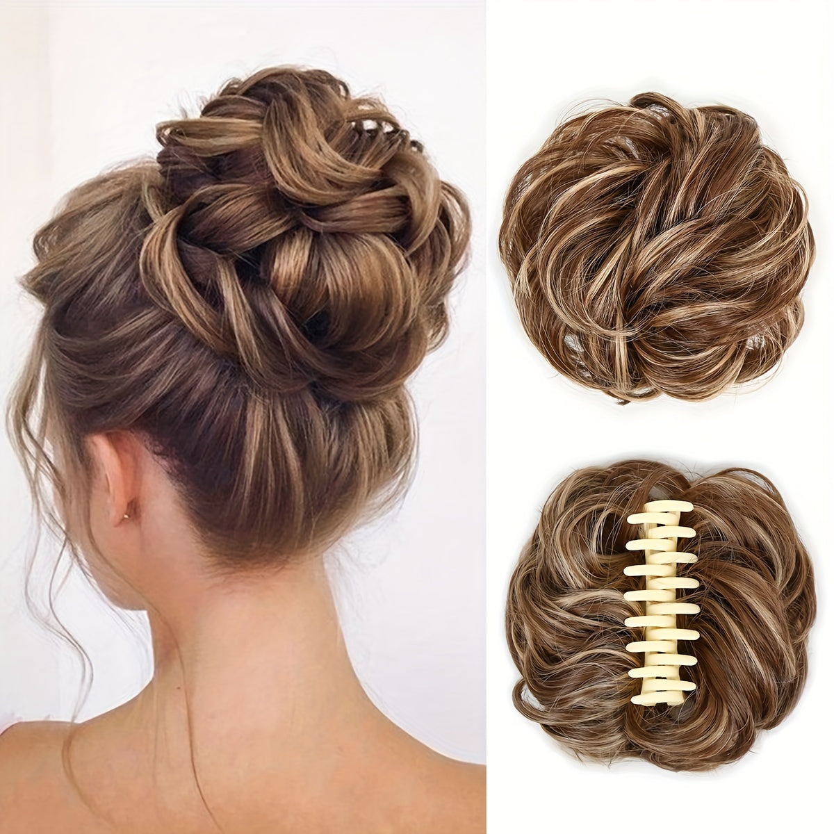 Curly Wavy Hair Bun Extension in Flaxen Brown & Chocolate Chestnu
