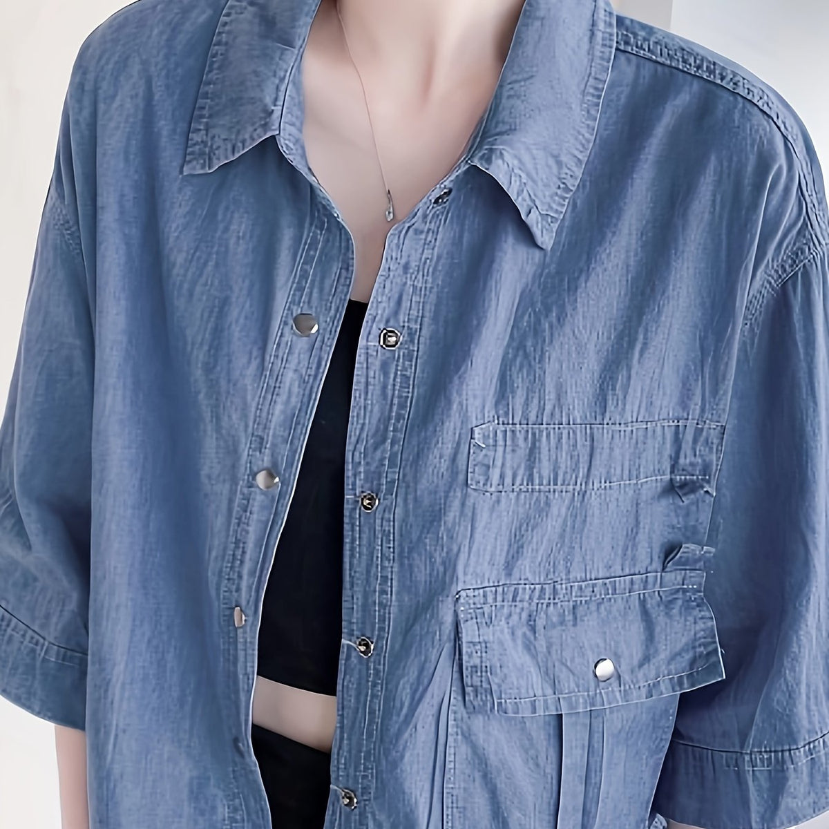  Denim Button Down Half Sleeve Shirt