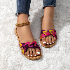 Women's Linen Cross Band Slides Open Toe Non Slip Flat Shoes