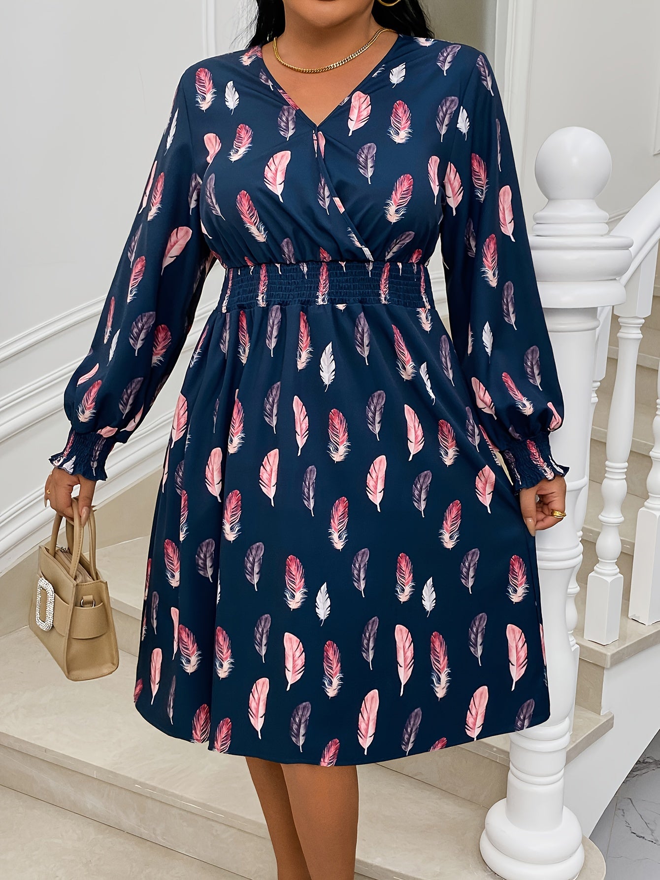  Casual Dress Women's Plus Feather Print V Neck Dress