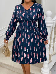  Casual Dress Women's Plus Feather Print V Neck Dress