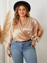  Surplice Neck Satin Blouse Ruched Sleeve Top