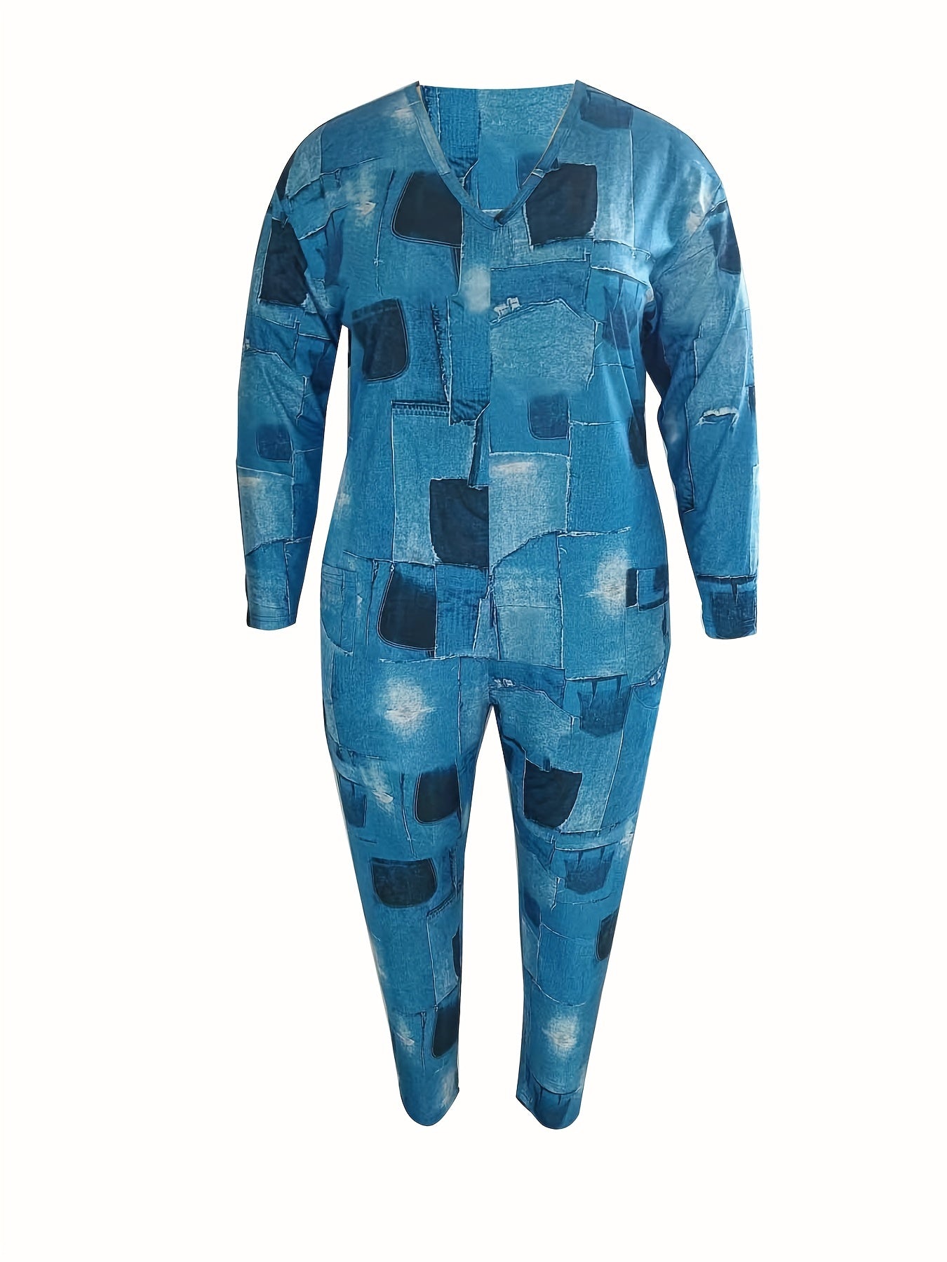  Denim Print Long Sleeve V-Neck Jumpsuit