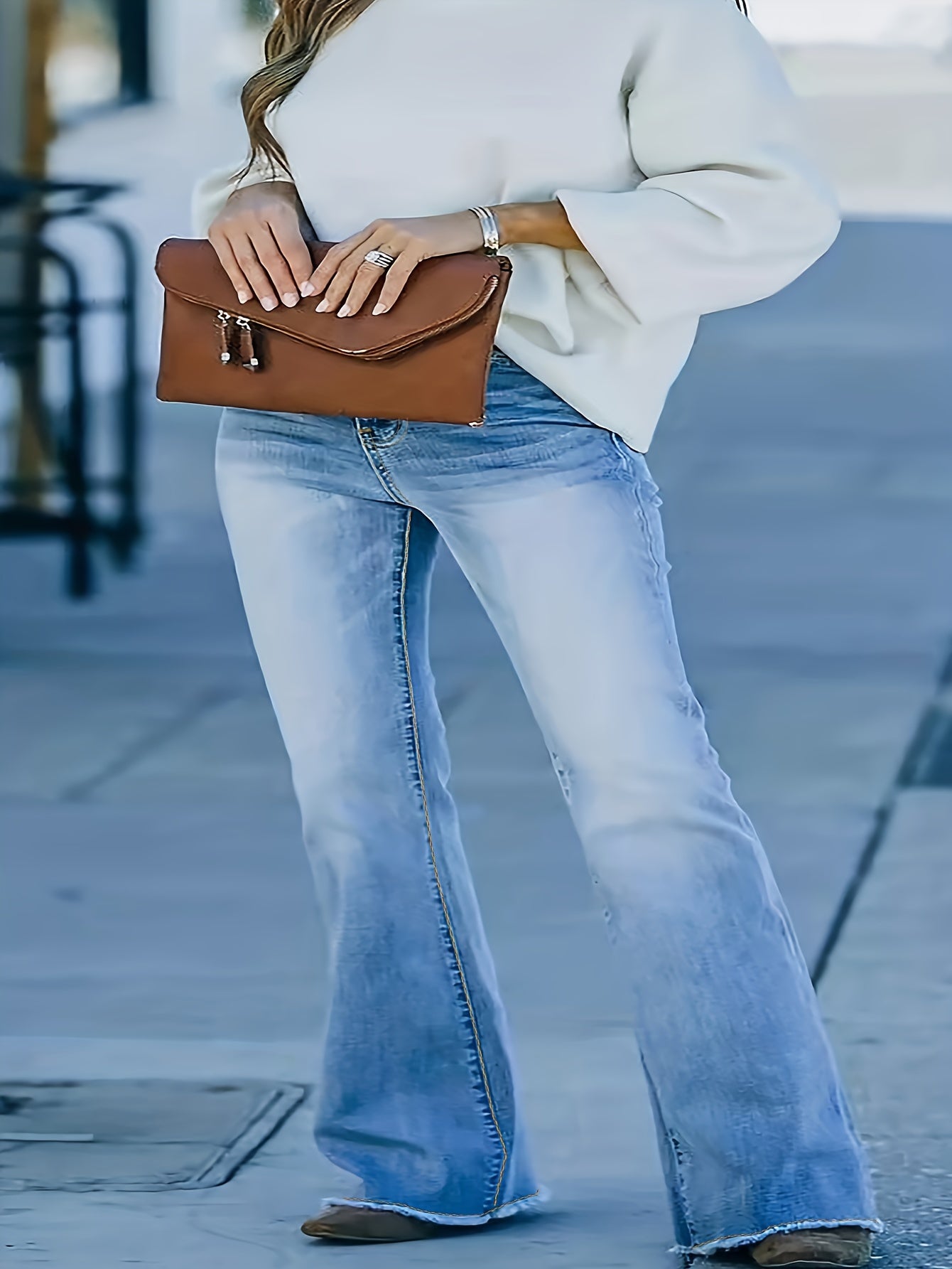  High Stretch Fringe Trim Flared Leg Jeans