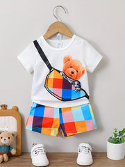 Preppy Kids Bear Graphic T-shirt & Plaid Shorts Set