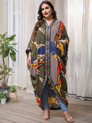 Geometric Print Bat Sleeve V Neck Maxi Dress