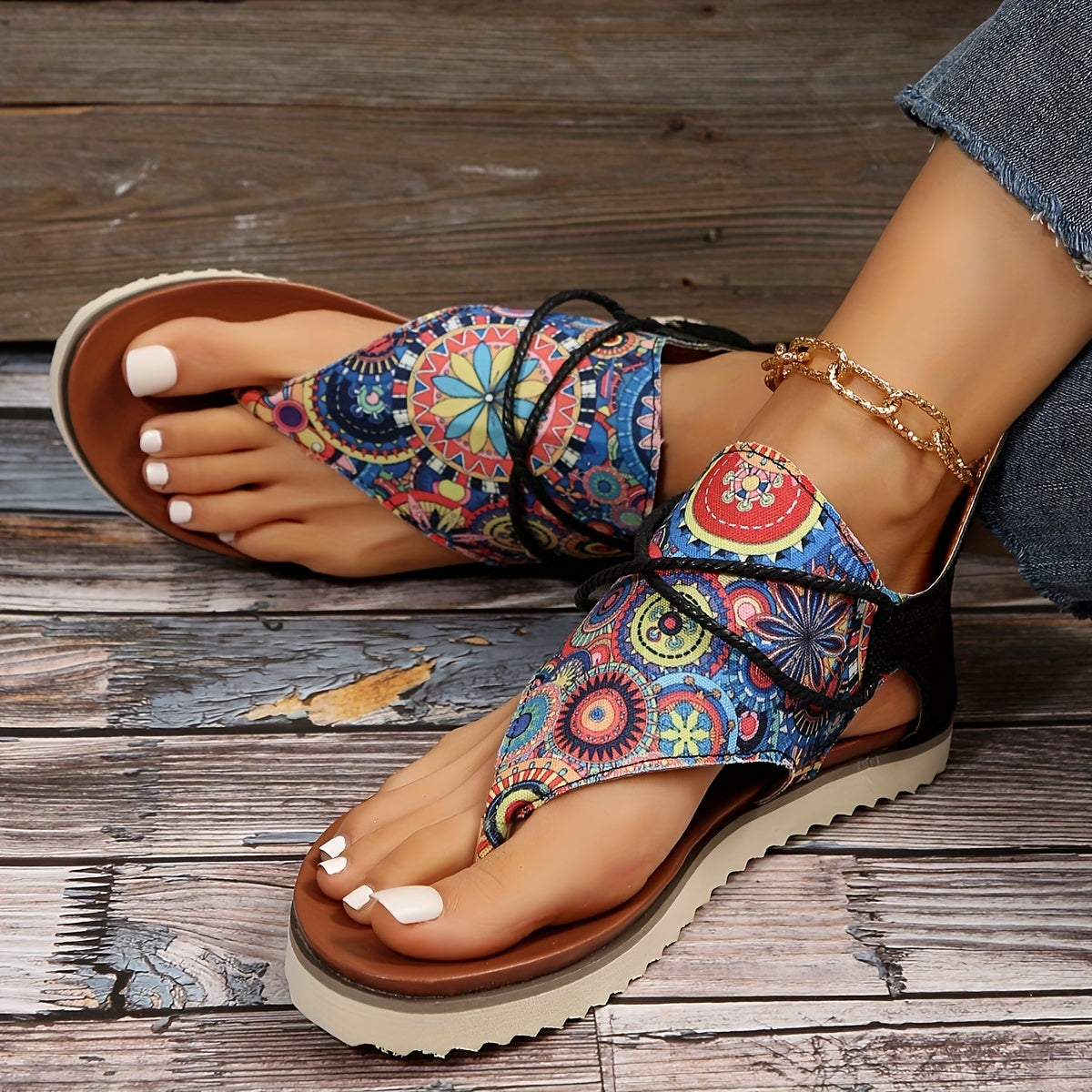 Women's Geometric Pattern Flat Sandals Thick Bottom Gladiator Thong Sandals