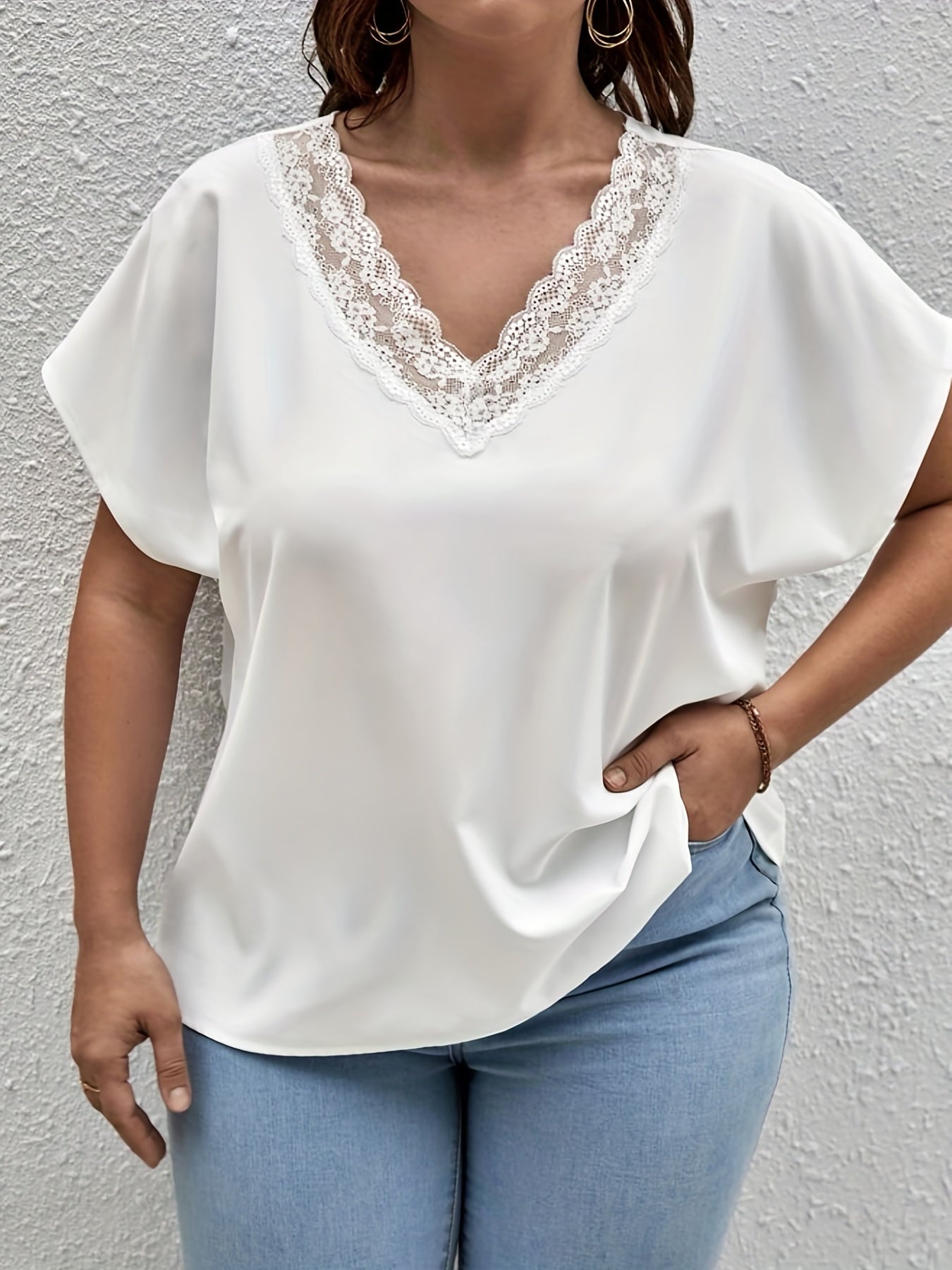  Solid Lace Bat Sleeve V Neck Tee Blouse