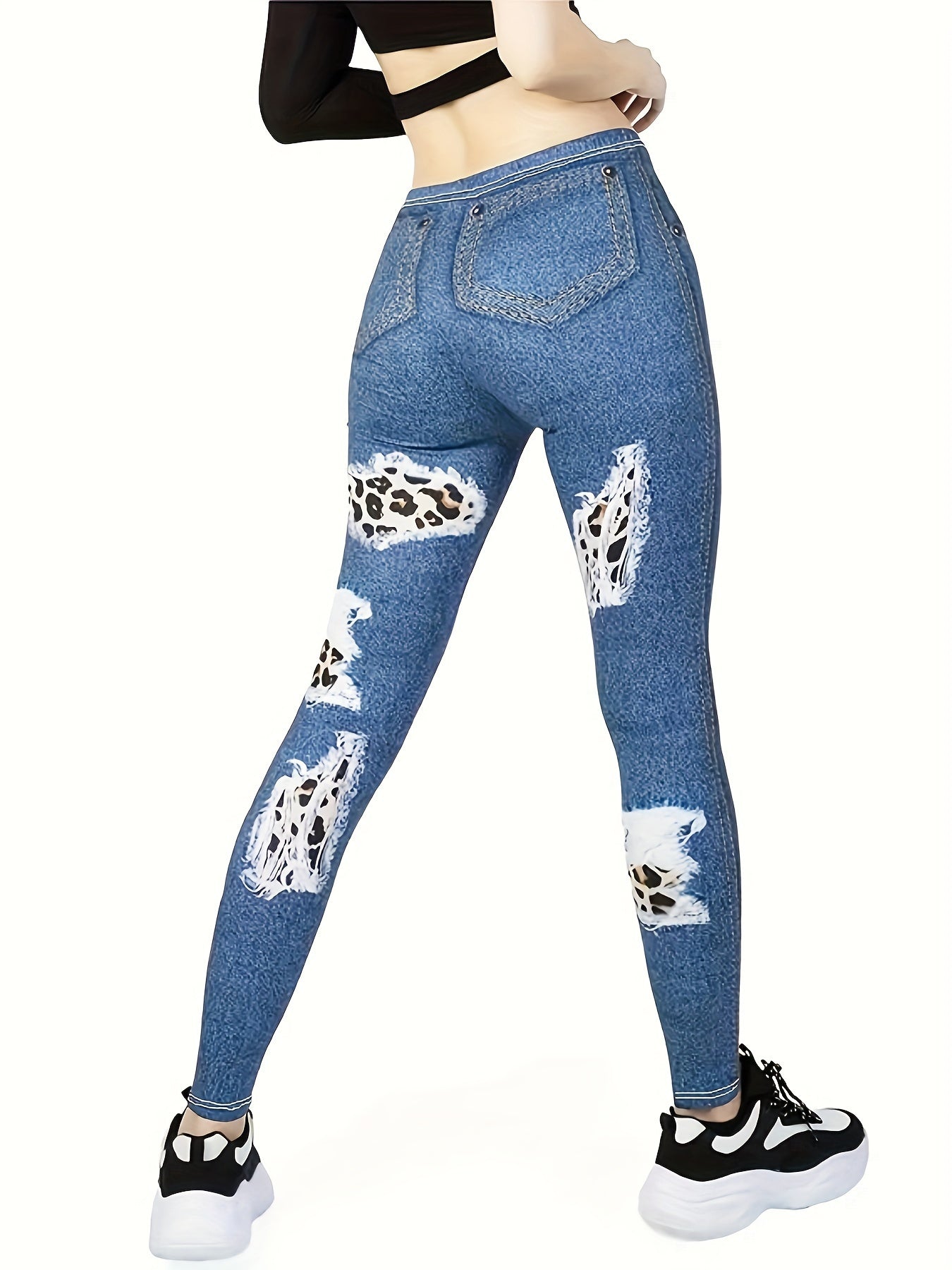  Ribbed Denim & Leopard Print Leggings