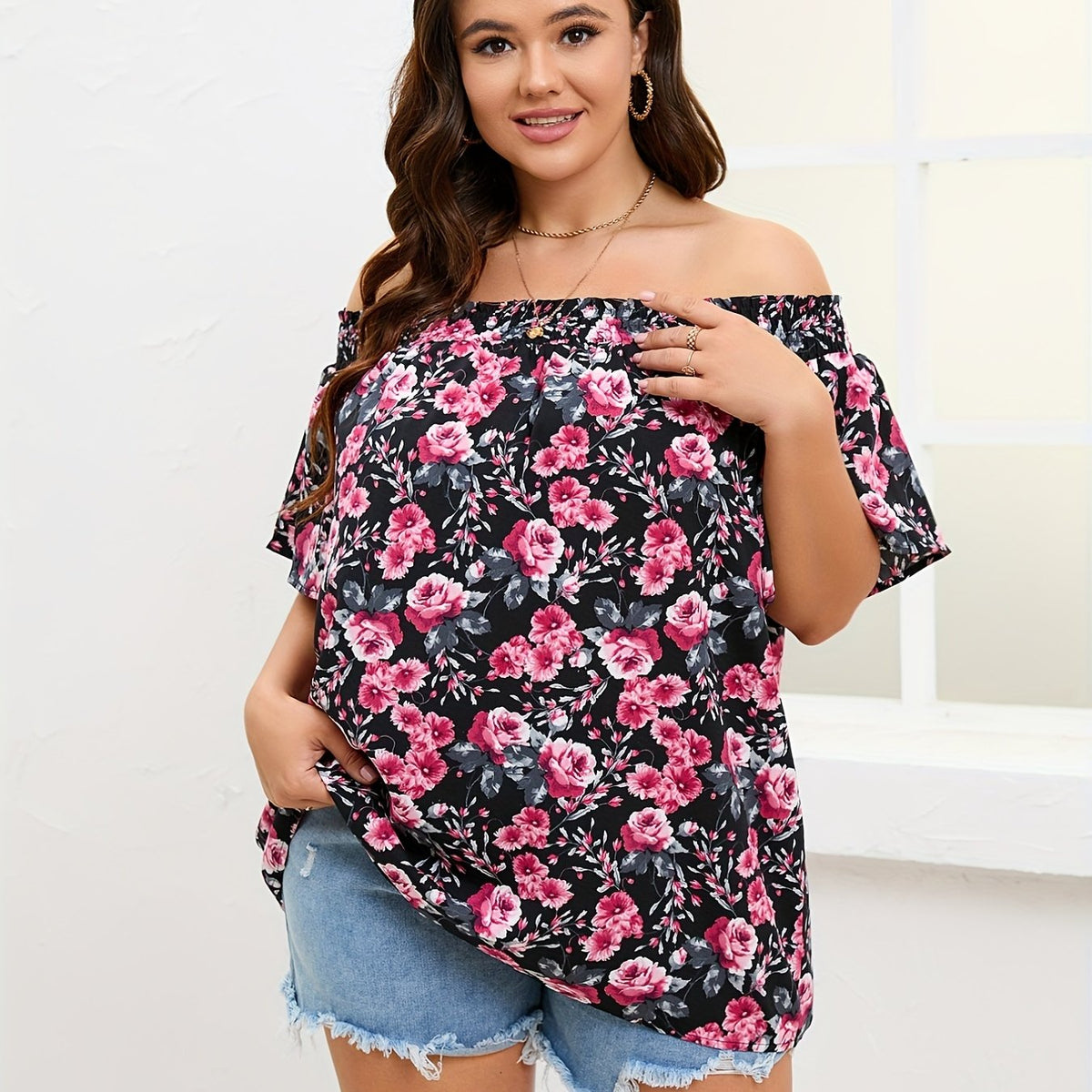  Rose Print Off Shoulder Short Sleeve Top