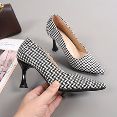 Women's Houndstooth Stiletto Heels Pointed Toe Dress Pumps
