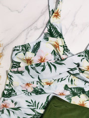 Floral Print Tankini Set Women's Cross Front V Neck Cami Top & Panty