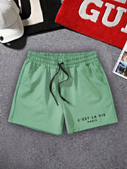 Men's Casual Letter Print Track Shorts Drawstring Waist Summer Workout Shorts