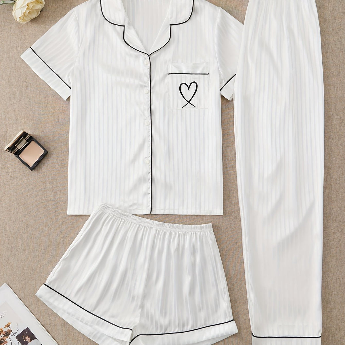 Heart Print Pajamas Set Button Top & Shorts & Pants Women's Sleepwear
