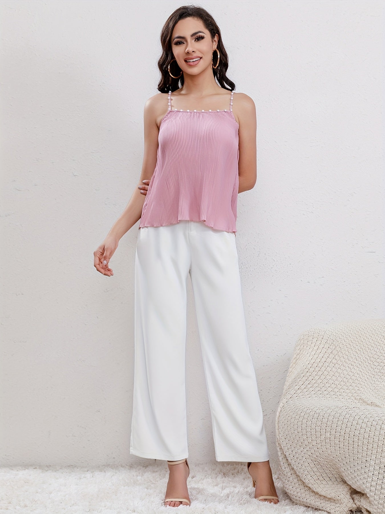 Ribbed Spaghetti Strap Top with Faux Pearl Decor