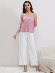 Ribbed Spaghetti Strap Top with Faux Pearl Decor
