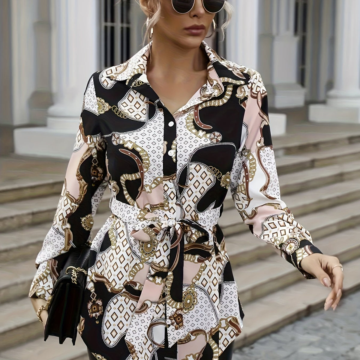  Colorblock Chain Print Button Up Blouse