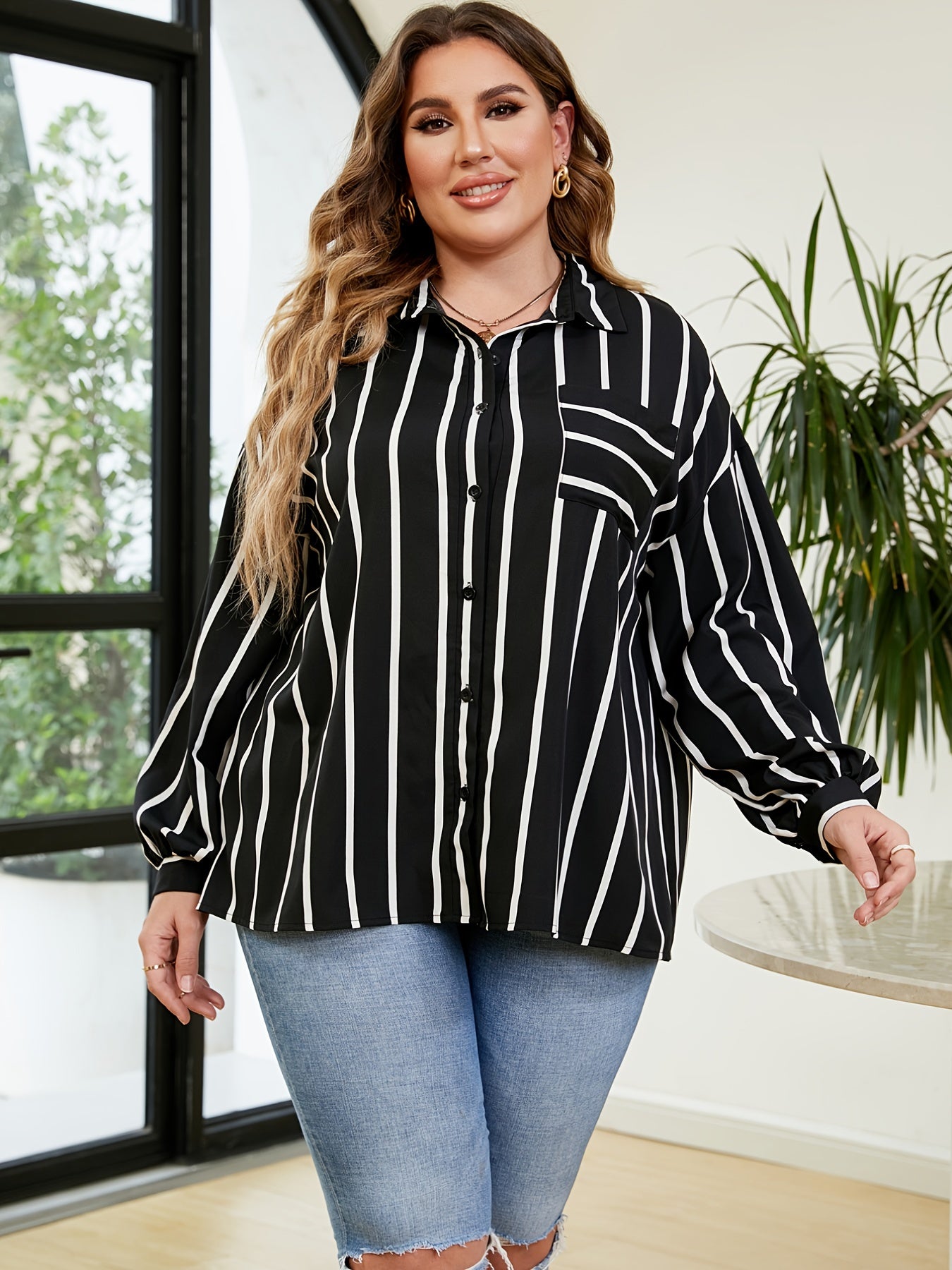  Striped Loose Fit Shirt Women's Casual Blouse