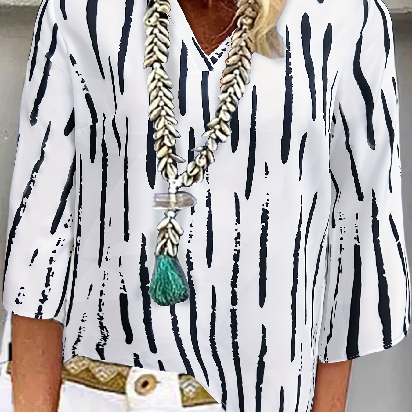  Stripe Print V Neck Blouse Loose Shirt