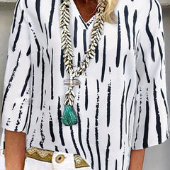 Stripe Print V Neck Blouse Loose Shirt