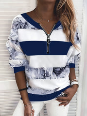 Floral Striped Zipper Sweatshirt for Fall & Winter