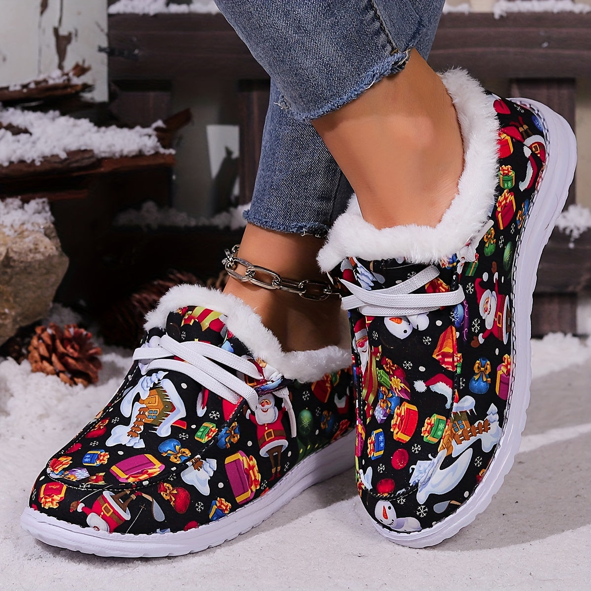 Women's Christmas Snow Boots Santa Snowflakes Cartoon Winter Plush Warm Flat